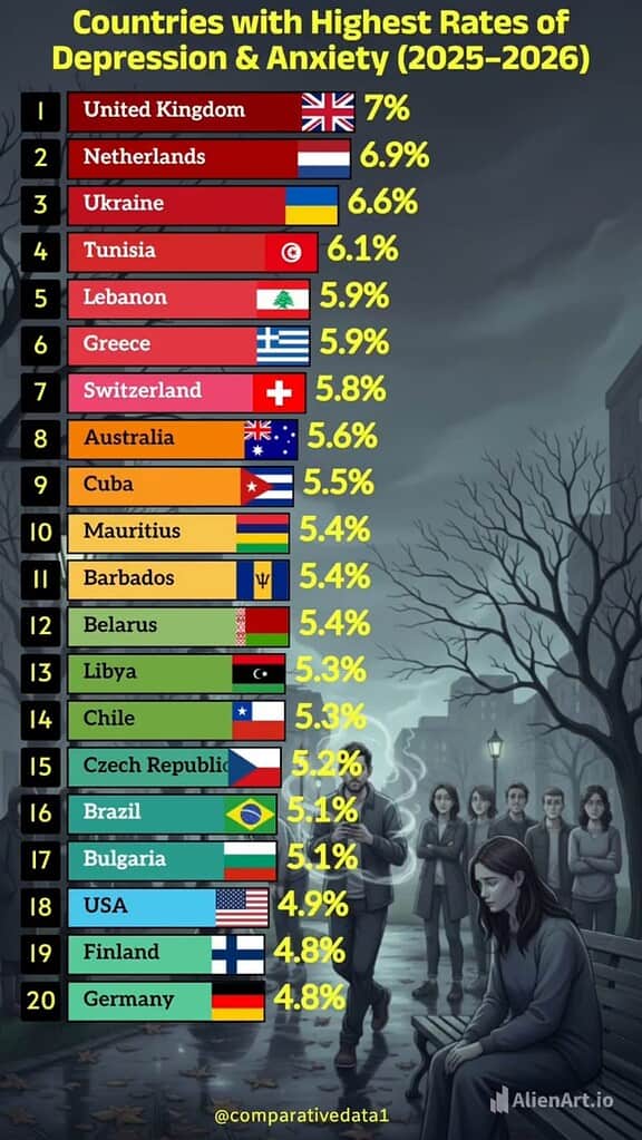 Countries with the Highest Rates of Depression & Anxiety (2025–2026)