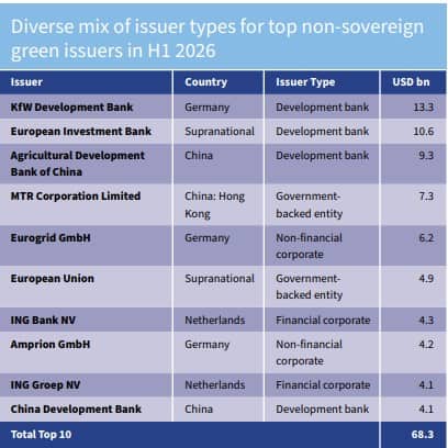 Diverse mix of issuer types for top non-sovereign green issuers in H1 2026