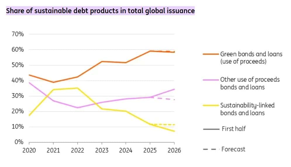 Share of sustainable debt products in total global issuance